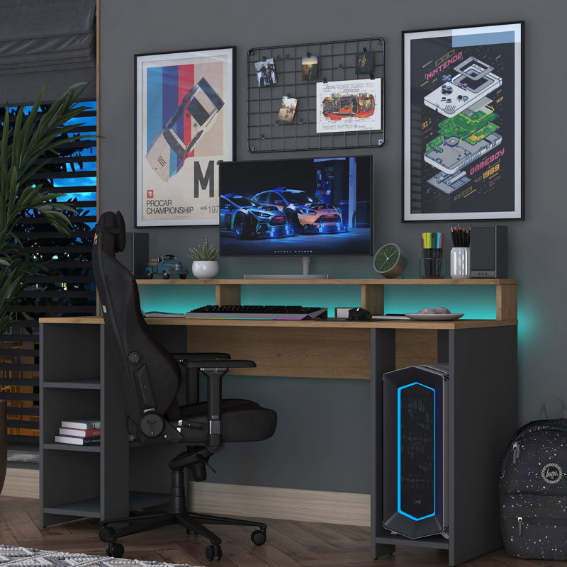 Bureau d'étude moderne, noyer et anthracite, 63,0 po x 35,2 po x 21,7 po | Panneau de particules 100% mélamine de qualité E1, épaisseur: 0,7 pouce | Conception élégante et fonctionnelle pour le bureau personnel, facile à nettoyer et durable