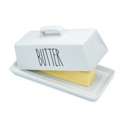Porcelain Covered Butter Dish With Lid For Countertop (Lid With Handle). 7.6" X 3.8" Butter Holder Container For One Stick Of Butter. Textured Tray Butter Keeper For Non Slip Storage
