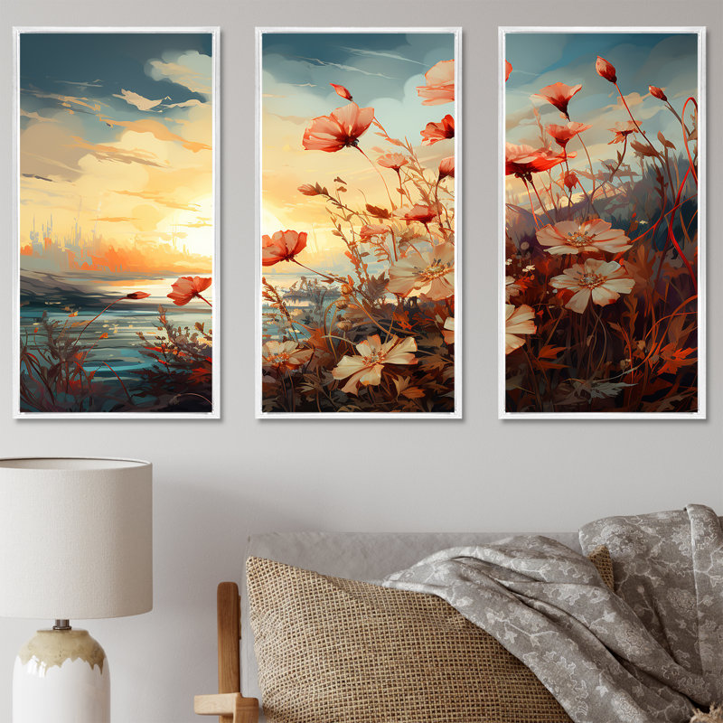 «Meadow Stream At Sunset II», ensemble d'art mural prairie, H 40 po x l 60 po x P 1 po, Cadre flottant blanc