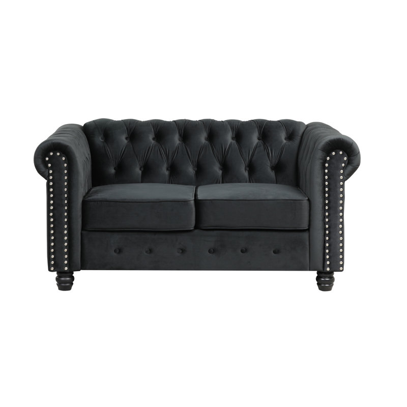 Causeuse Chesterfield à accoudoirs roulés 61 po Leite, Velours noir
