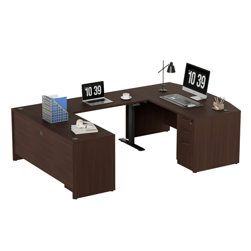106.3'' Height Adjustable U-Shaped Executive Desk with File Cabinets, Brown