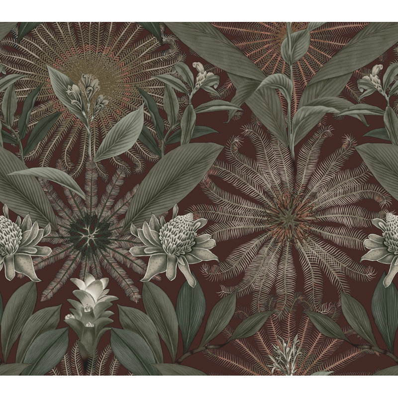 Enchanted Garden Maroon Tropical Wallpaper, Red