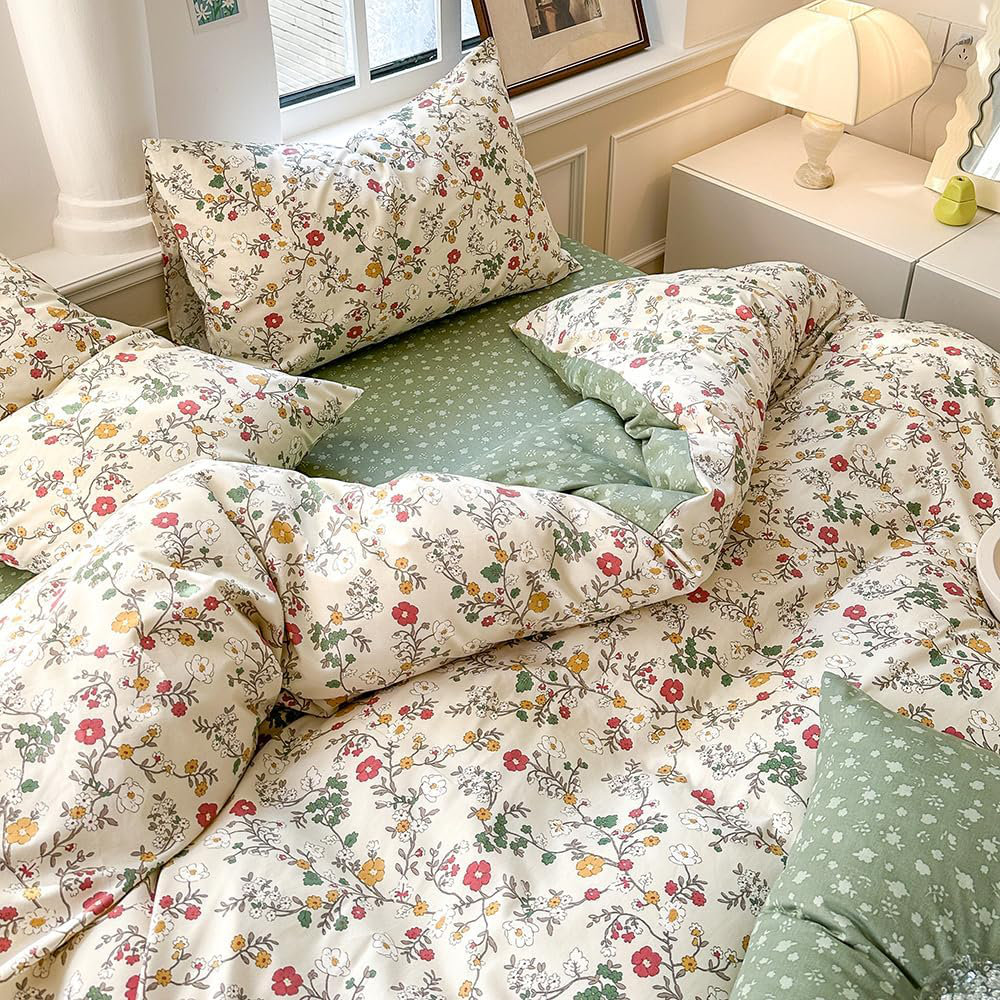 Nayoroom 100% Cotton Beige Green Small Flower Leaves Colorful Plant Pattern Soft Duvet Cover & Reviews | Wayfair