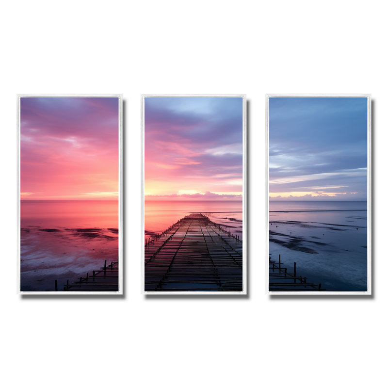 «Pink and Blue Pier» Horizon Sunset II, Cadre flottant blanc, H 32 po x l 48 po x P 1 po
