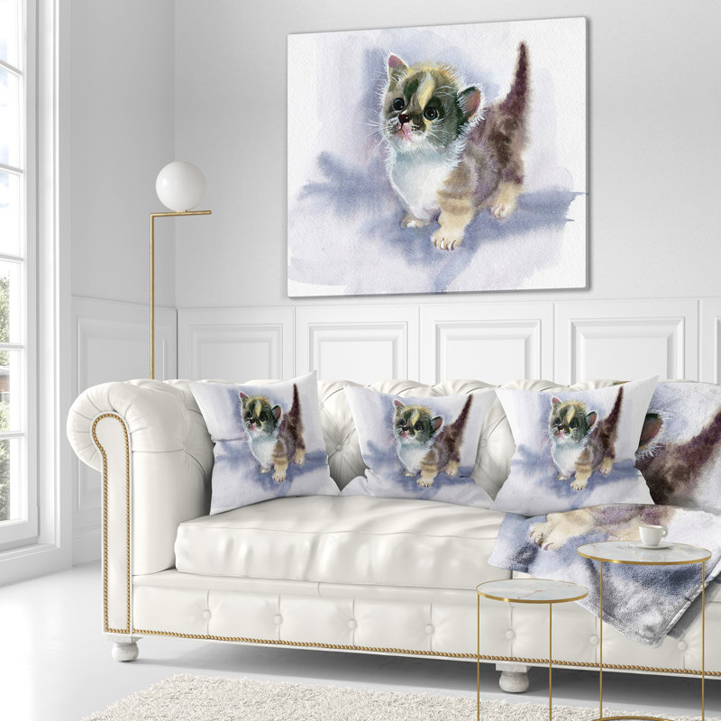 Mignon chaton sur une aquarelle bleue - coussin imprimé animal, 18 po x 18 po, Coussin décoratif
