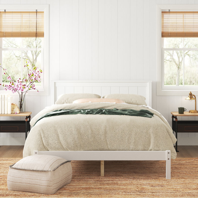 Lit plateforme en bois massif Julianne, Double, Blanc