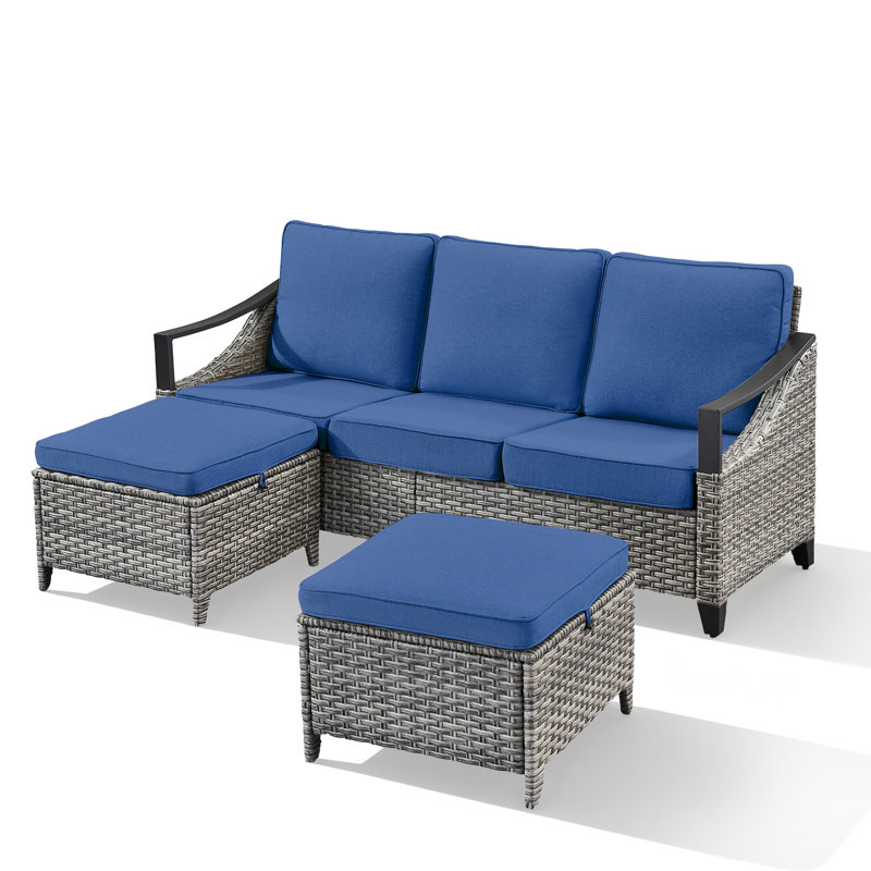 All-Weather Outdoor Wicker Modern Wicker Iron Armrests Sofa With Ottomans, Blue