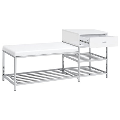 Simba 49 Inch Entryway Bench with Shoe Shelf, Drawer in White, Chrome