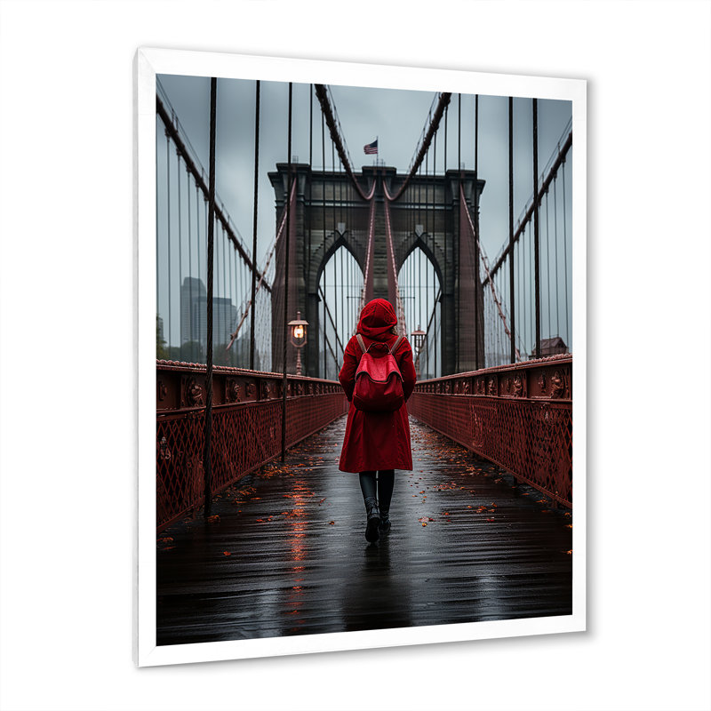 «Hodon Red Gray New York Brooklyn Bridge II», reproduction sur toile, H 32 po x l 24 po x P 1 po, Cadre photo blanc