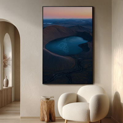 Extra Large Wall Art Fabric Print - Aerial Volcanic Crater Lake at Sunrise Artwork Decor for Living Room or Bedroom - "Frame Assembly Required (Unfinished Frame)"