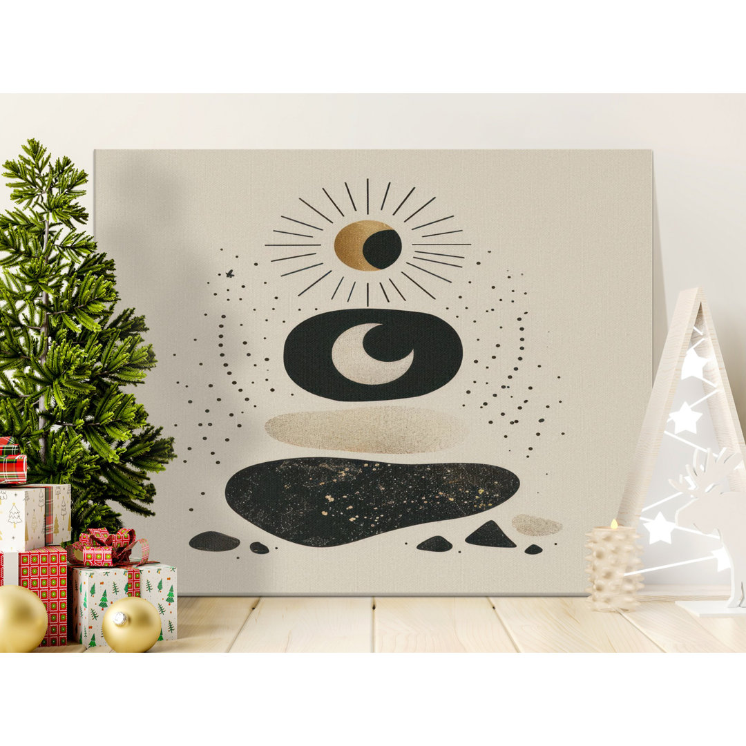 Faux Gold Moon Sun Canvas Print | Abstract Boho Celestial Wall Art | Minimalist Stacked Stones Zen Home Decor Gift