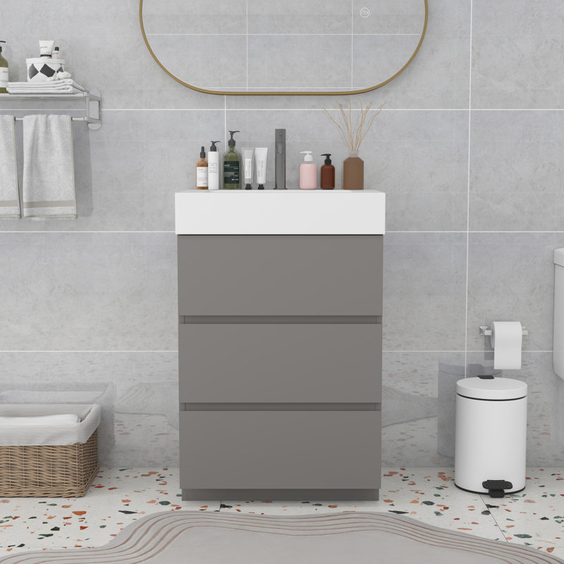 Meuble-lavabo moderne avec lavabo, Gris, Blanc