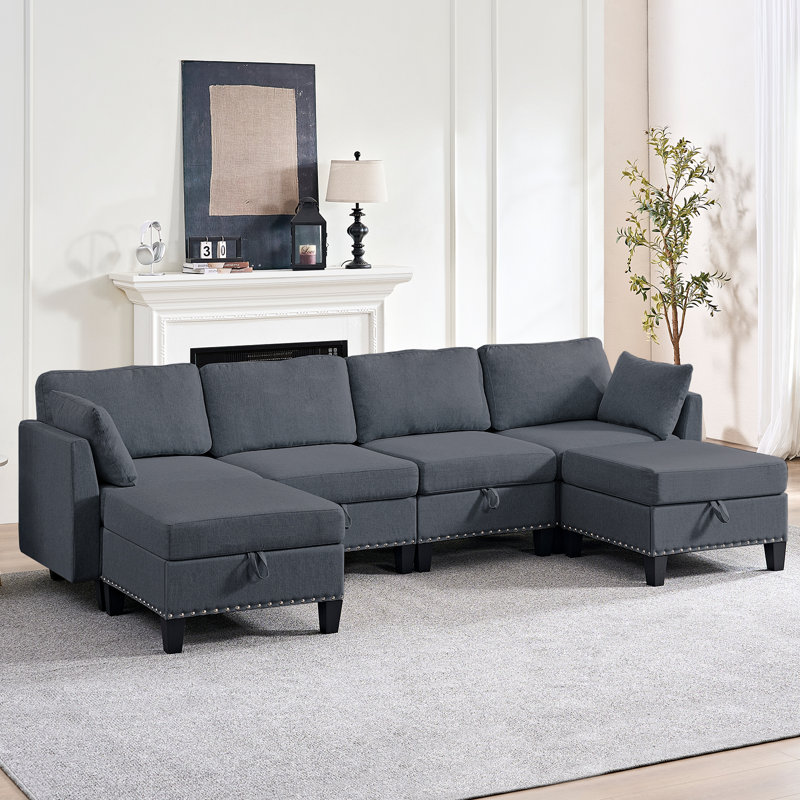 Canapé modulaire en lin 109 po avec repose-pieds et rivets, Gris