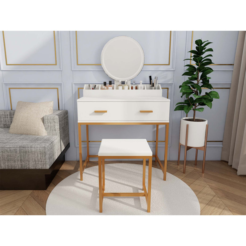 Ensemble de coiffeuse à maquillage élégant avec miroir, tabouret et rangement - Conception compacte dorée pour les petites chambres et une organisation efficace