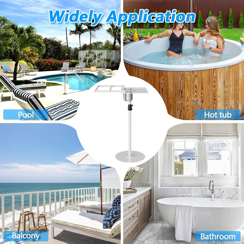 Porte-serviettes d'extérieur 2 en 1 avec hauteur réglable, barres à serviettes doubles et plateau de table imperméable avec porte-boissons - Porte-serviettes autoportant pour la piscine et le spa