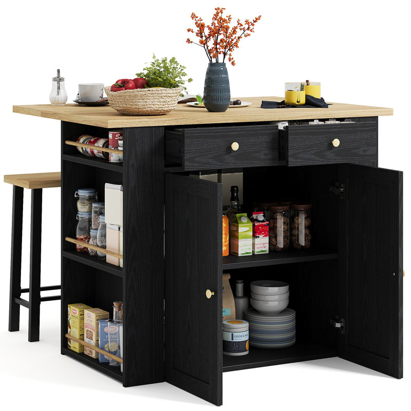 Ensemble d'îlot de cuisine 3 pièces Lujane, Bois naturel, Noir