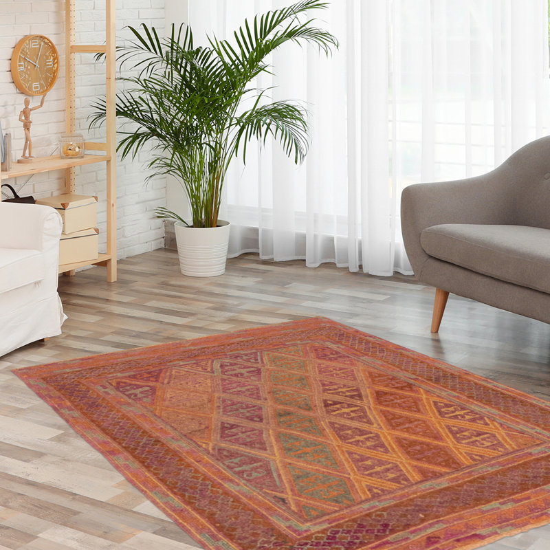 Tapis orange brûlé / mauve noué à la main de conception unique 3 pi 9 po x 4 pi 3 po Jocilyn