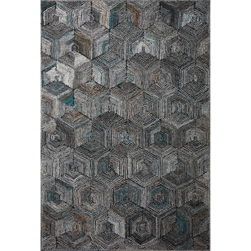 Tapis bleu / orange en polyester fabriqué à la main Emilianna, Rectangle 5 pi x 7 pi 6 po