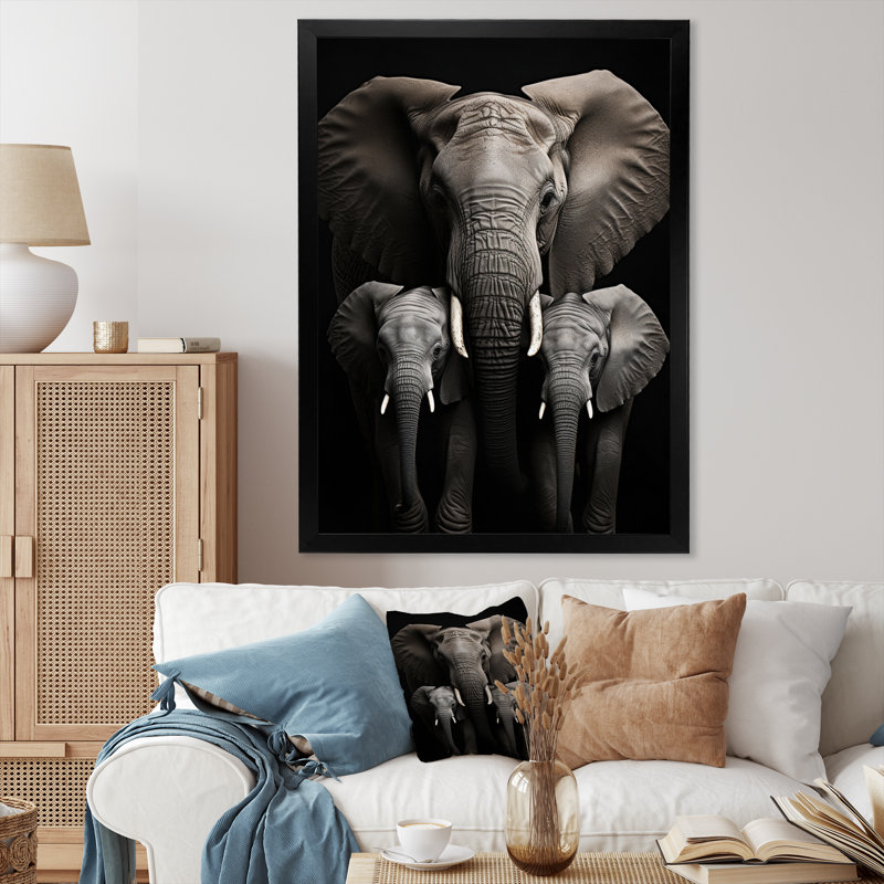 Éléphant noir et blanc Laciana, H 44 po x l 34 po x P 1,5 po, Cadre simple noir