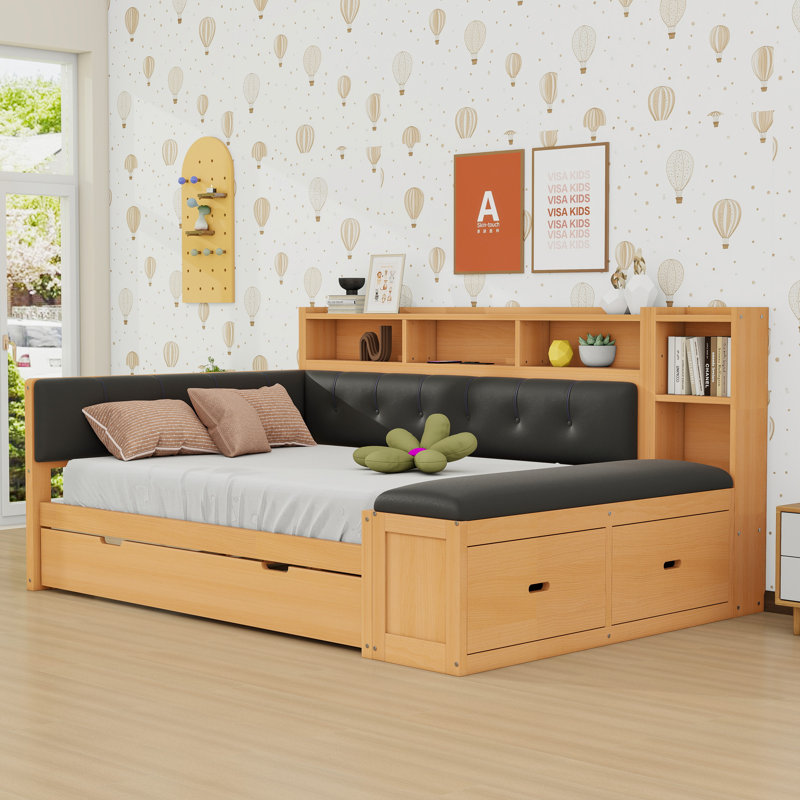 Full Wood Daybed with Trundle, Storage Shelves, and Charging Station, Black/Natural