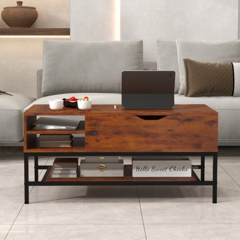 Table basse à plateau relevable avec compartiment caché et tablette de rangement amovible