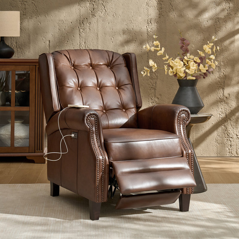 Martina 29.25''W Waxed Leather Power Recliner with Solid Wood Legs, Brown