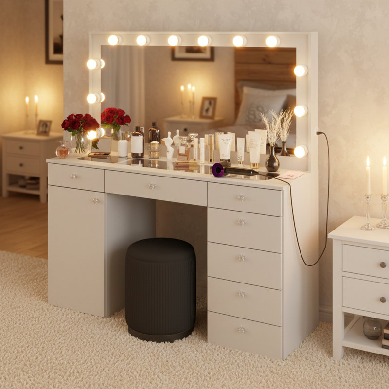 Boahaus Nora Makeup Vanity Set With Lights, Glass Top, USB-C Charger, 7 Drawers & Stool