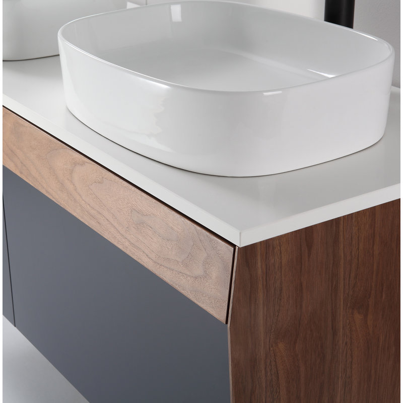 Ronda 55'' W Double Wall-Mounted Vanity, Light Brown/Dark Blue