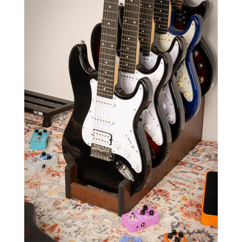 Wooden Guitar Stand For Multiple Guitars, 5-Holder, Front Display Space-Saving Floor Guitar Rack For Home, Studio, Stage, Walnut Color (For 5 Electric/Bass)