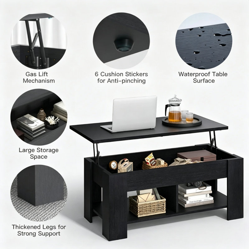 Table basse à plateau relevable, table basse extensible avec rangement dissimulé, convertible en bureau d'ordinateur portable ou en table de salle à manger pour le salon, le bureau personnel, petits espaces - Table de centre moderne en bois avec mécanisme à ressort à gaz, noir