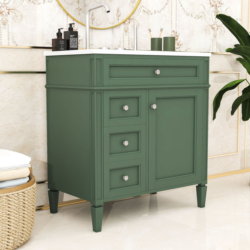 Meuble-lavabo de salle de bain avec comptoir en céramique et plateau coulissant en céramique sriyaan, Vert, Argent argent