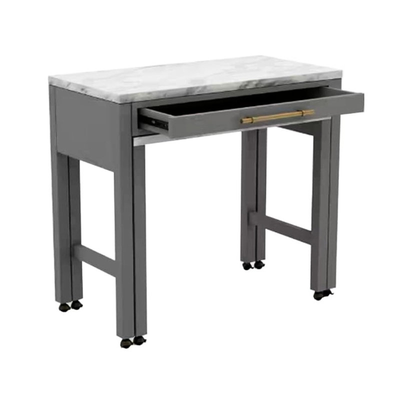 Table de salle à manger à hauteur de comptoir moderne en faux marbre avec tiroir, 2 tabourets, table de transition beige / blanc, gris feutré