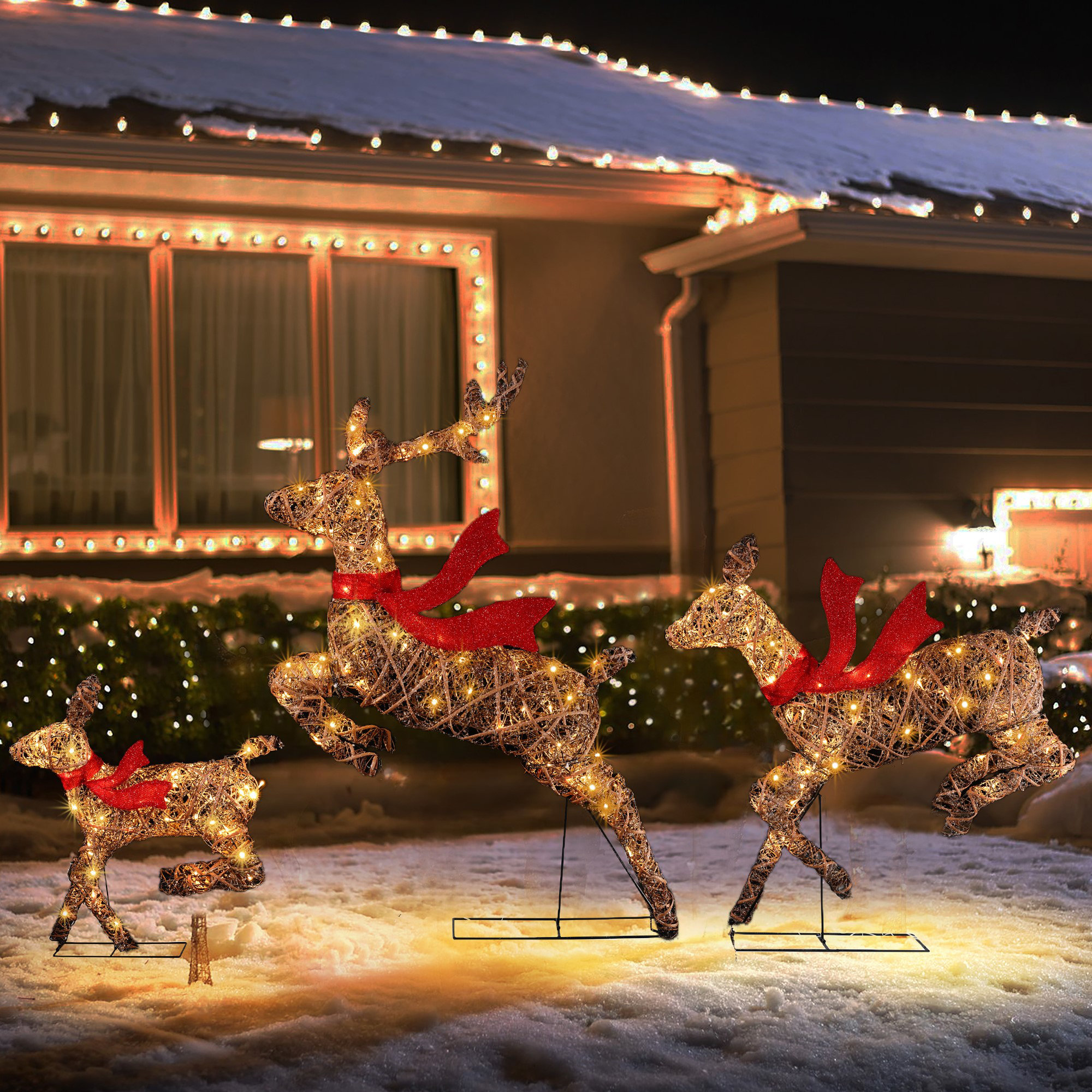 Natural and Rattan Running Reindeer Holiday Decoration Set with Lights, Brown/Red, 52.4in H x 33in W x 18in D