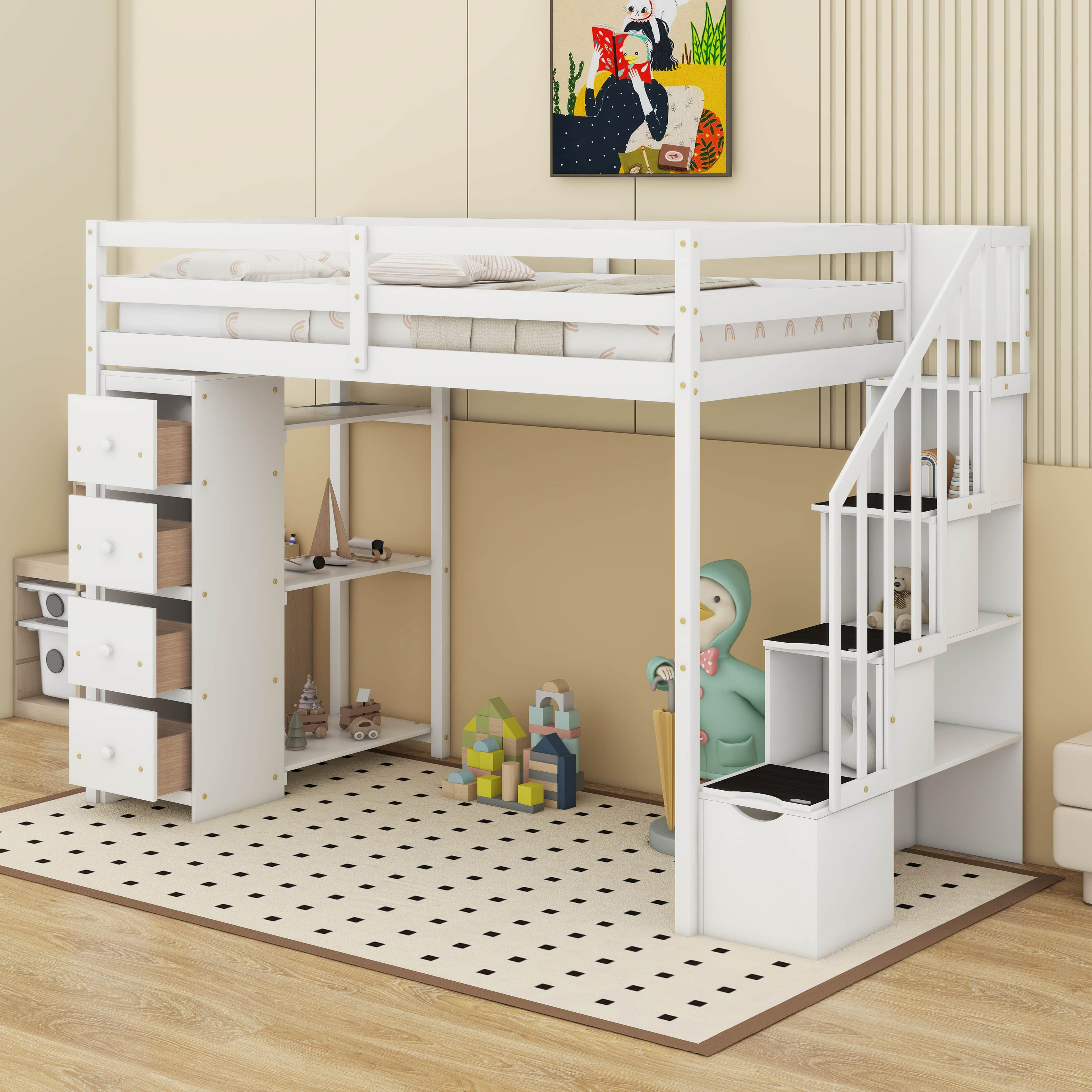 Latitude Run® Twin Size Loft Bed With Storage Drawers,Shelves And ...