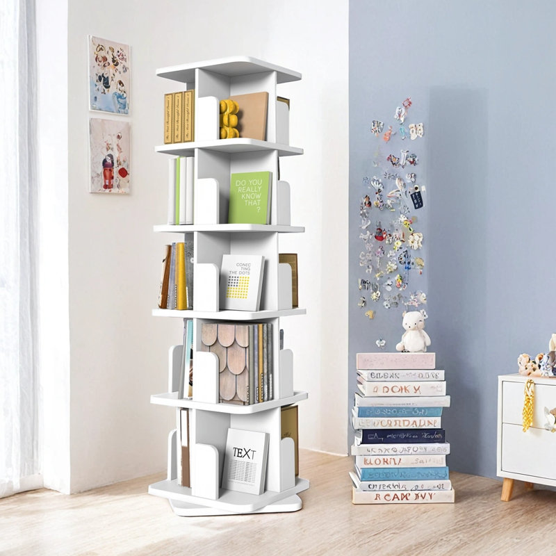 Black Rotating Bookshelf, 360 Display 5 Tier Rotating Bookshelf Tower, Floor Standing Revolving Bookcase, Wooden Small Bookshelf For Small Spaces, And Living Room
