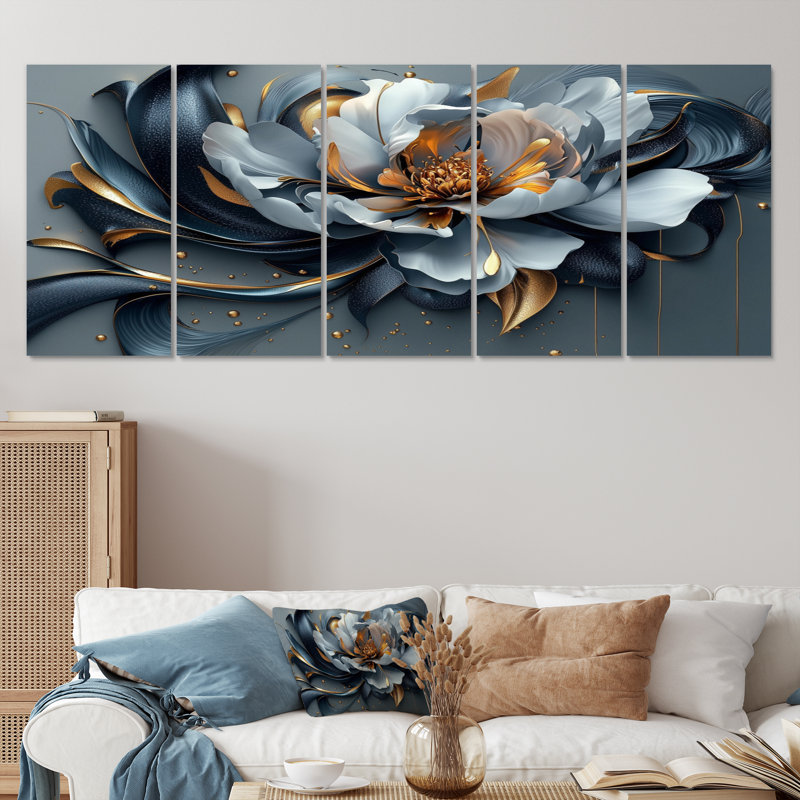 Fleur de pivoine bleue et grise - ensemble d'art mural pivoine, H 32 po x l 80 po