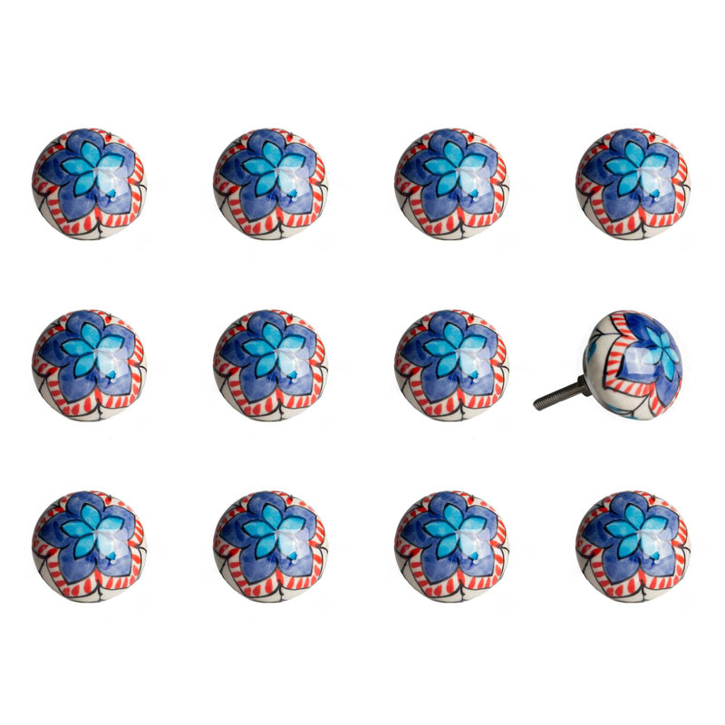 Ensemble de douze poignées de tiroir en céramique à motif floral bleu et blanc