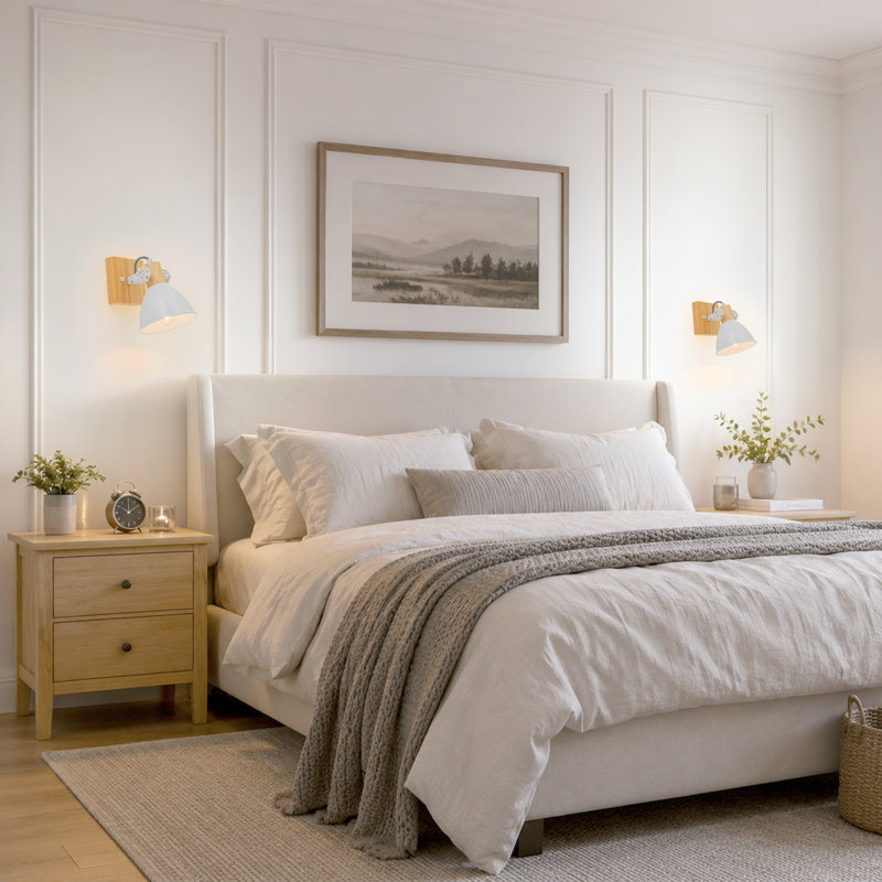 Applique murale à bras pivotant 1 lumière blanc mat avec base en bois naturel et abat-jour réglable