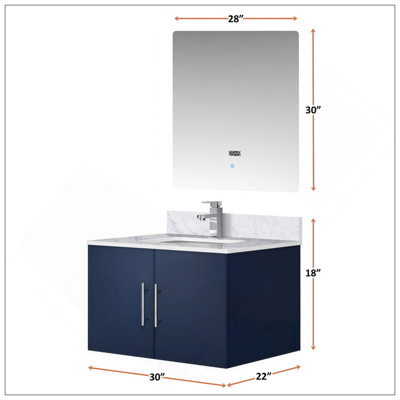 Meuble-lavabo polyvalent 30 po X P 22 po D, comptoir en marbre de Carrare, ensemble de robinet et Miroir à DEL, Marine
