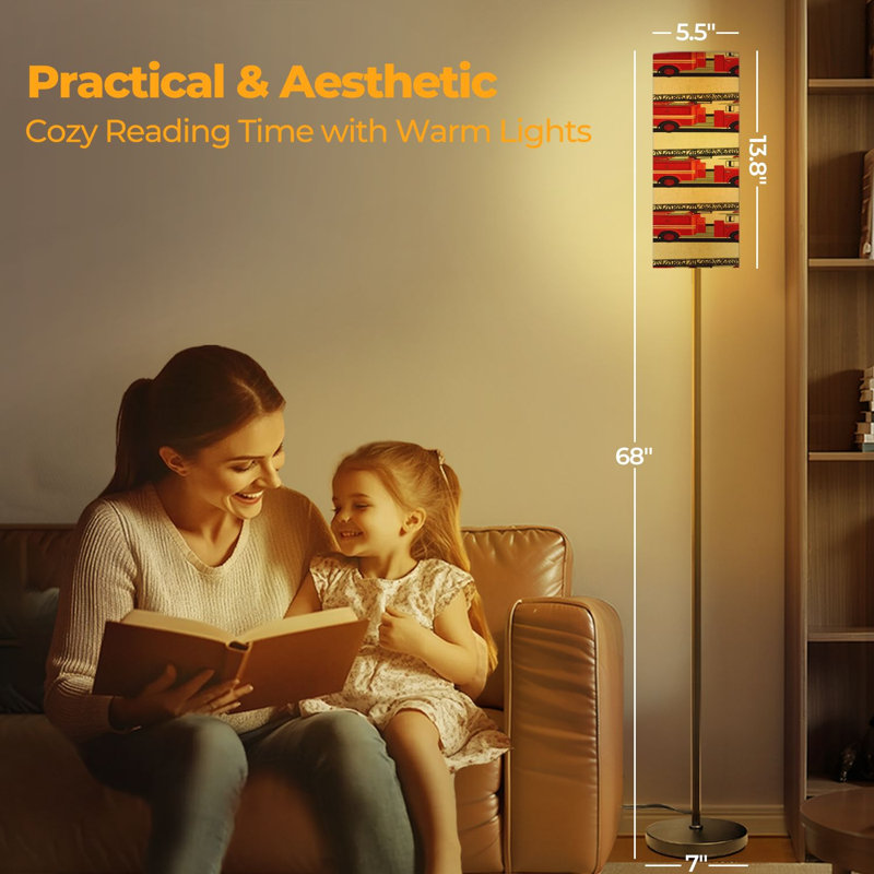  68.5" Standing Floor Lamp Hand drawn fire trucks seamless white Dimmable Metal Pole Lamp with Linen Lampshade LED Bulb Included
