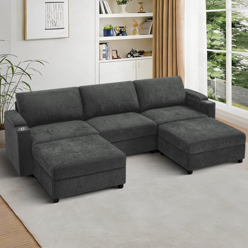 Canapé en U 108 po avec 2 repose-pieds, canapé modulaire convertible 5 places avec accoudoirs de rangement et porte-gobelets, canapé en chenille confortable avec sièges profonds pour le salon