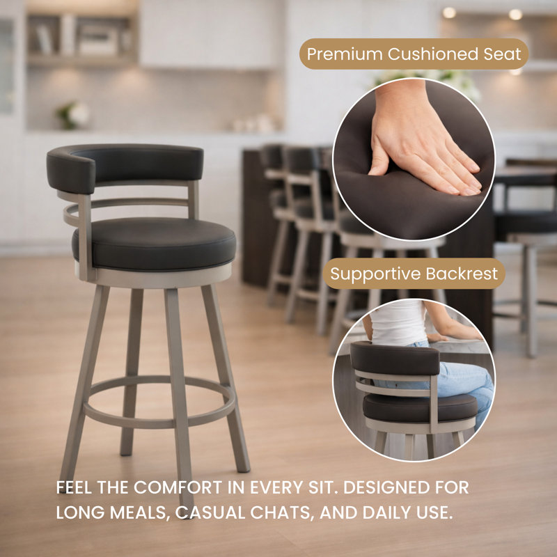 Sunnydale Camden 26" Swivel Counter Stool, Sterling Mist Finish & Obsedian Black Leatherette