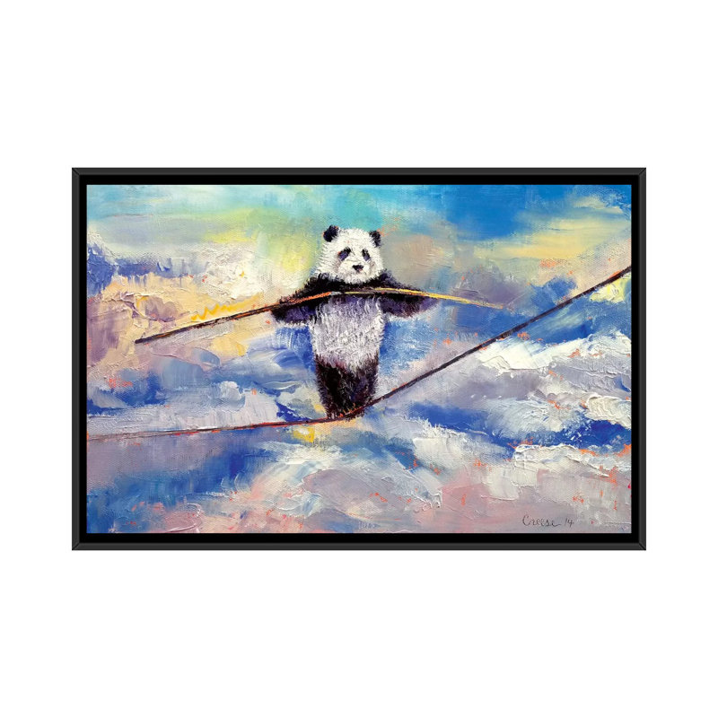 «Panda Tightrope», peinture sur toile tendue, H 18 po x l 26 po x P 1,5 po, Toile avec cadre noir, Pas de tapis