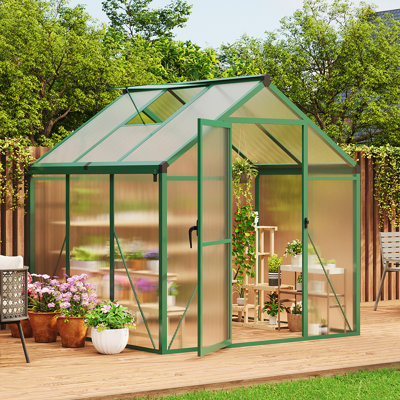 Greenhouse for Outdoor with Door, Green House with Polycarbonate Panel & Adjustable Roof Vent & Ground Nails