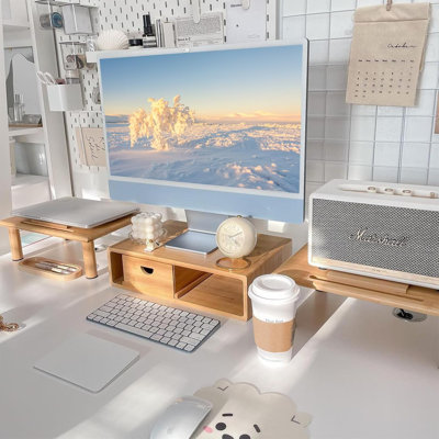 Support de moniteur double avec tiroir pour bureau, tablette de bureau pour ordinateur portable à hauteur et angle réglables, support pour ordinateur en bambou