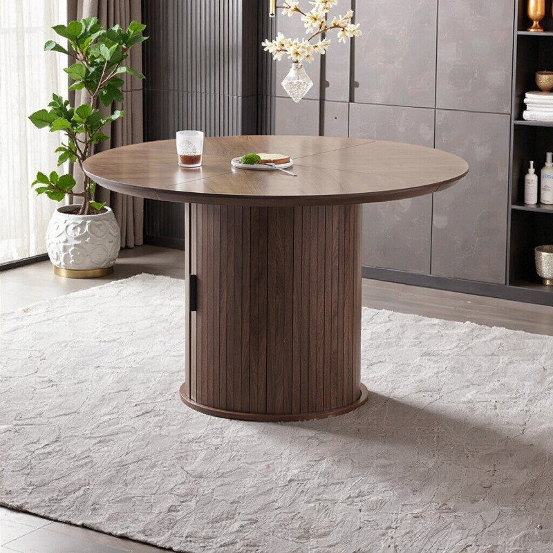 Table de salle à manger ronde avec rangement double couche, structure en bois, spacieuse