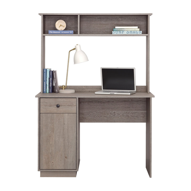 Bureau compact avec huche, plusieurs options de rangement et tiroir coulissant pour une utilisation efficace de l'espace de travail