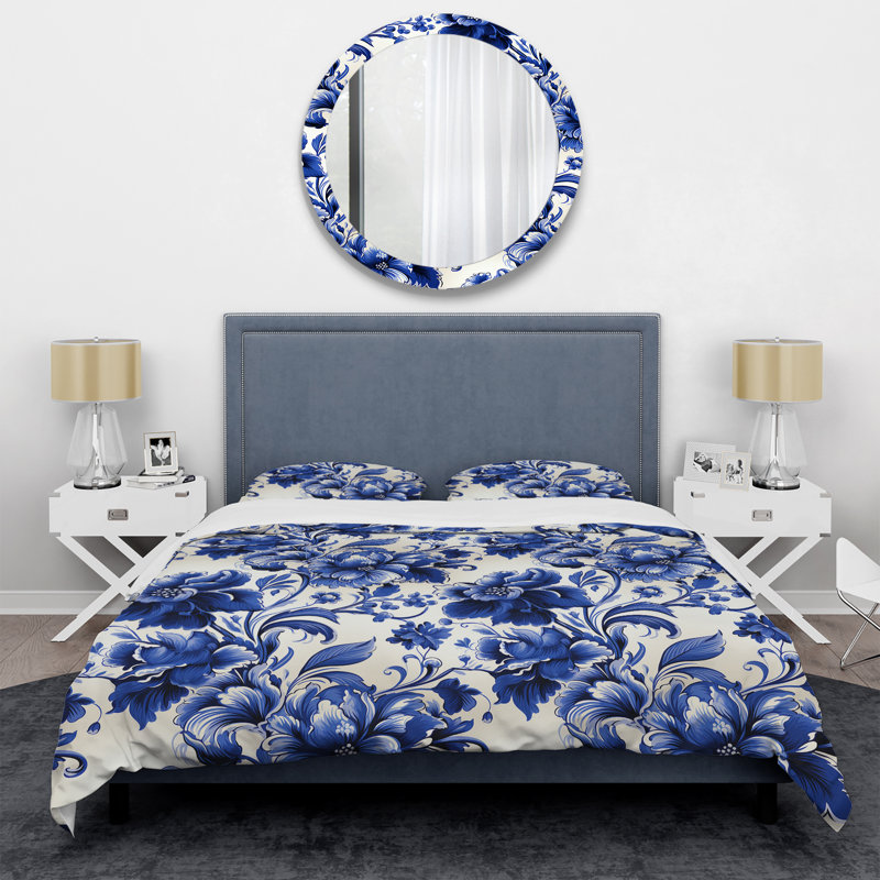 Ensemble de housse de couette Regal Cobalt Blue Damask Ii Victorian, Housse de couette simple + 1 taie décorative stan