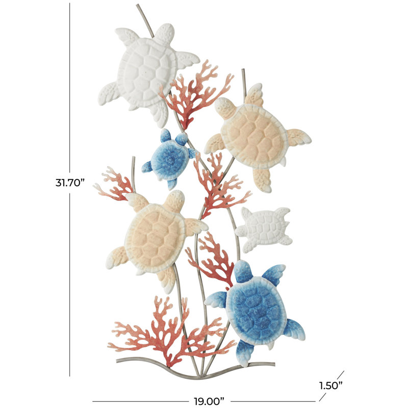 Lyah Metal Swimming Turtle Multi Colored Wall Decor with Red Coral Accents
