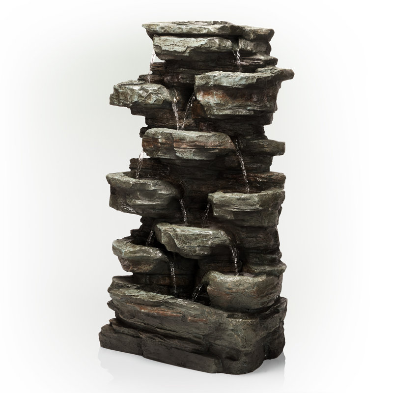 Alpine Corporation WIN930 39" Outdoor Multi-tier Rock Floor Fountain With Led Lights